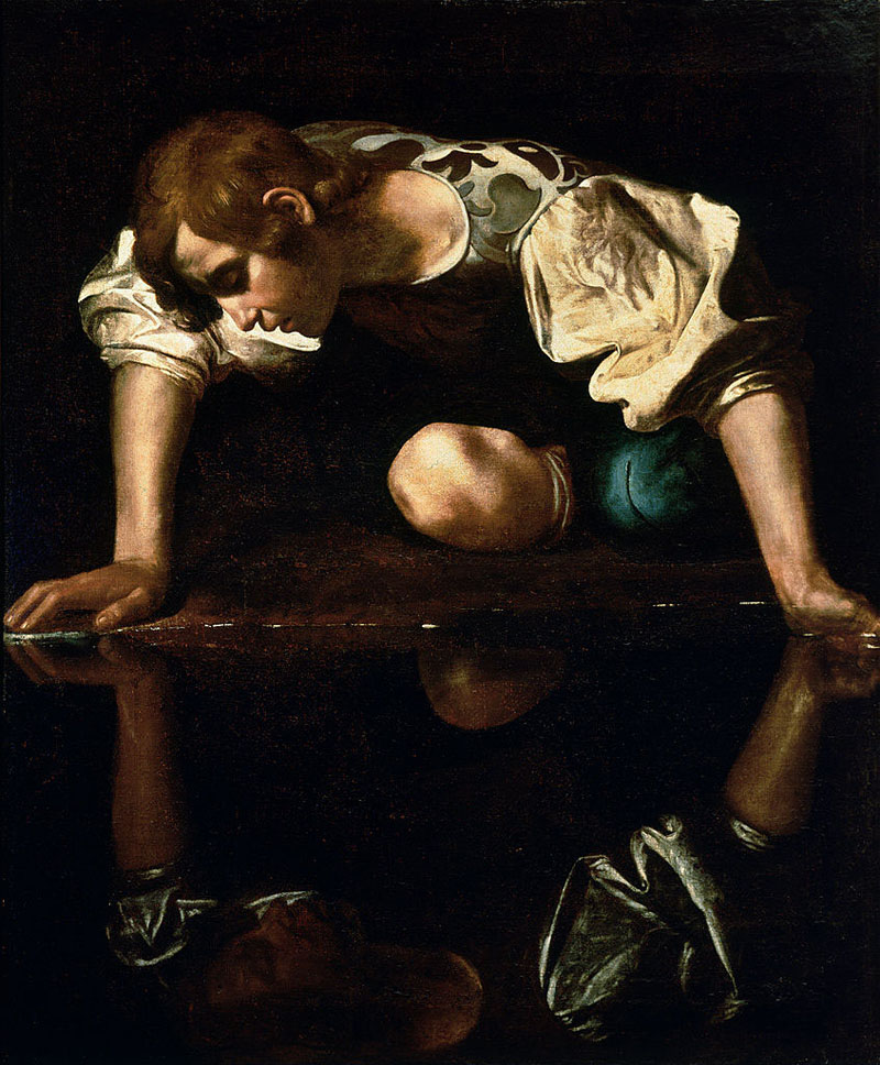 Narcissus by Caravaggio, gazing at his own reflection.