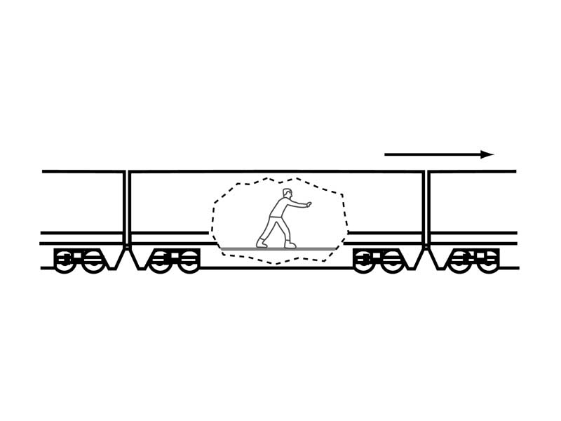 Figure of man sliding on moving train