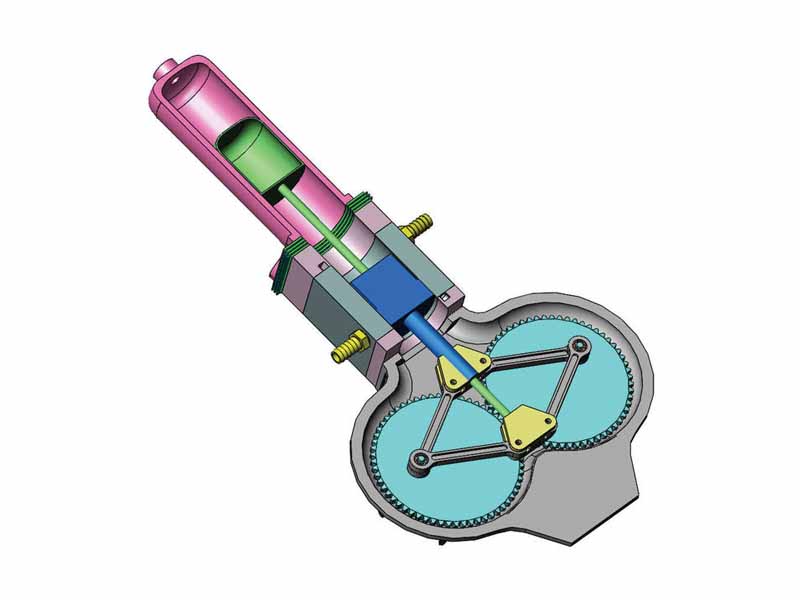 Cut away diagram of a Rhombic Drive Beta Stirling Engine Design