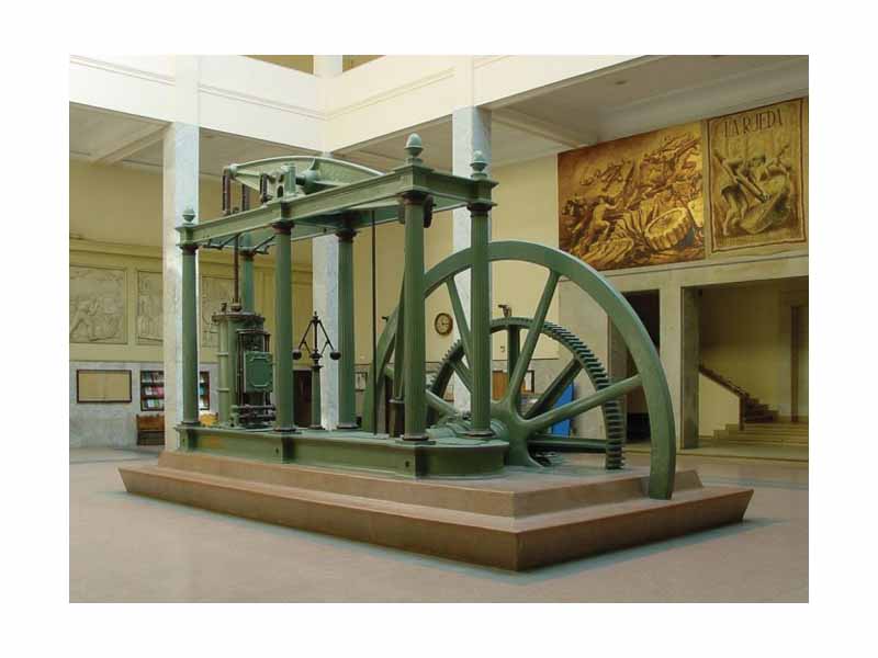 Watt's steam engine in the vestibule of the Escuela Técnica Superior de Ingenieros Industriales de la UPM in Madrid
