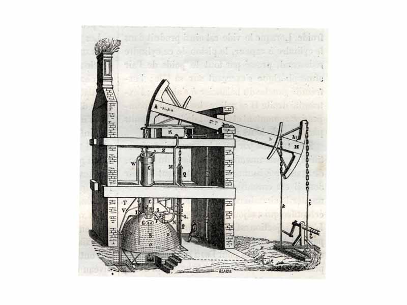 Engraving of Newcomen engine. This appears to be copied from a drawing in Desaguliers' 1744 work: A course of experimental philosophy, itself believed to have been a reversed copy of Henry Beighton's engraving dated 1717 representing what is probably the second Newcomen engine erected around 1714 at Griff colliery, Warwickshire. (See Hulse p.84)