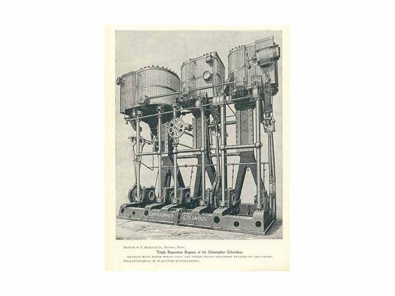 1890s vintage triple-expansion(three cylinders of 26, 42 and 70 inch diameters in a common frame with a 42 inch stroke) marine engine that powered the SS Christopher Columbus