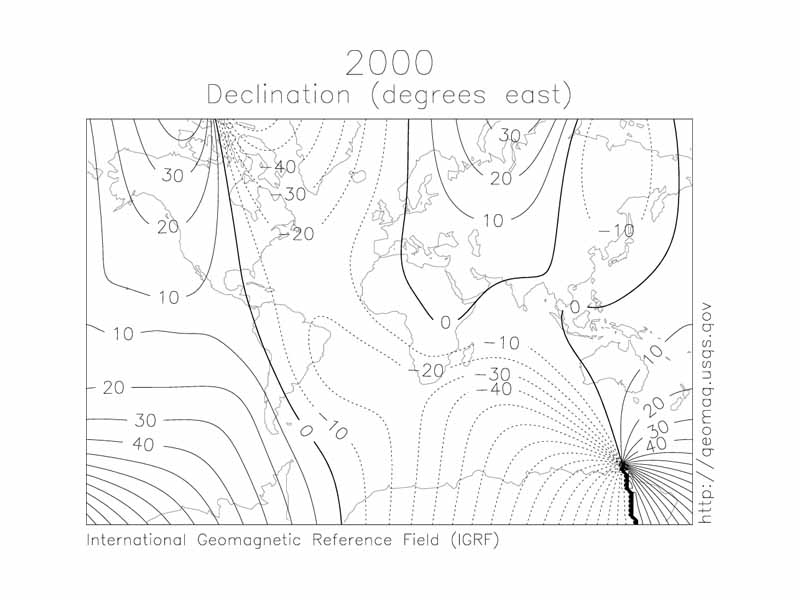 Magnetic declination from true north in 2000.