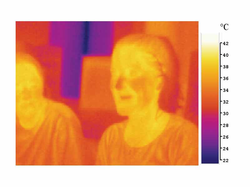 Image of two persons in mid-infrared (thermal) light (false-color)