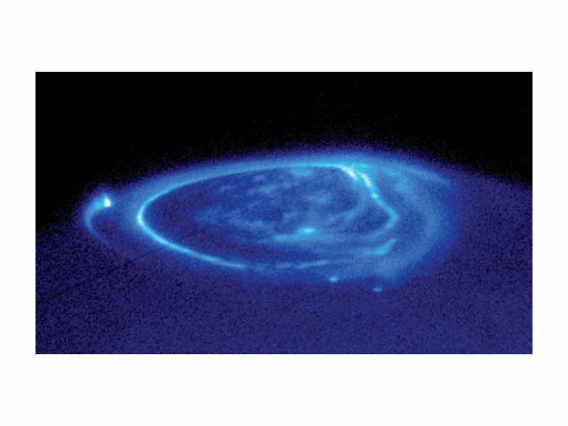Aurora at Jupiter's north pole as seen in ultraviolet light by the Hubble Space Telescope.