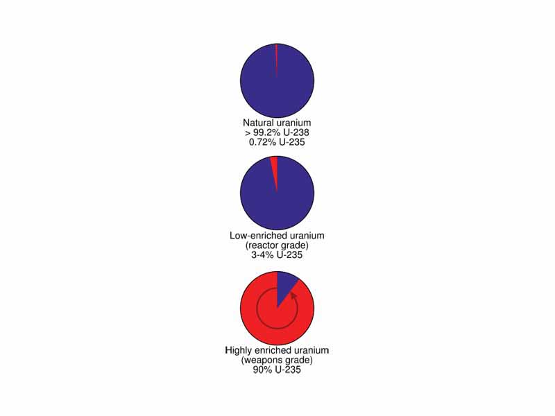 These pie-graphs showing the relative proportions of uranium-238 (blue) and uranium-235 (red) at different levels of enrichment.