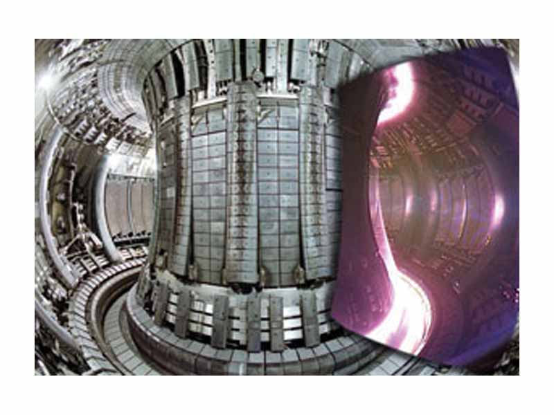 Internal view of the JET tokamak superimposed with an image of a plasma taken with a visible spectrum video camera.