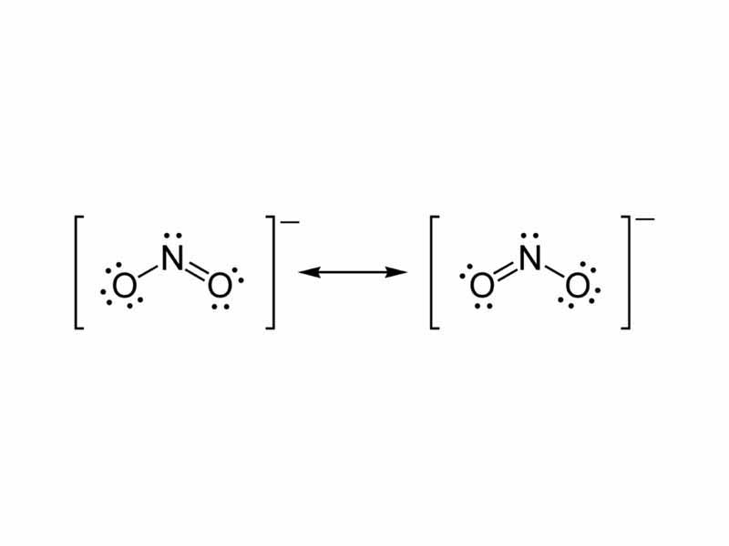 Two lewis structures of the canonical structures of the nitrite ion, NO2?.