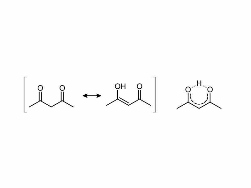 Intramolecular hydrogen bonding in acetylacetone helps stabilize the enol tautomer