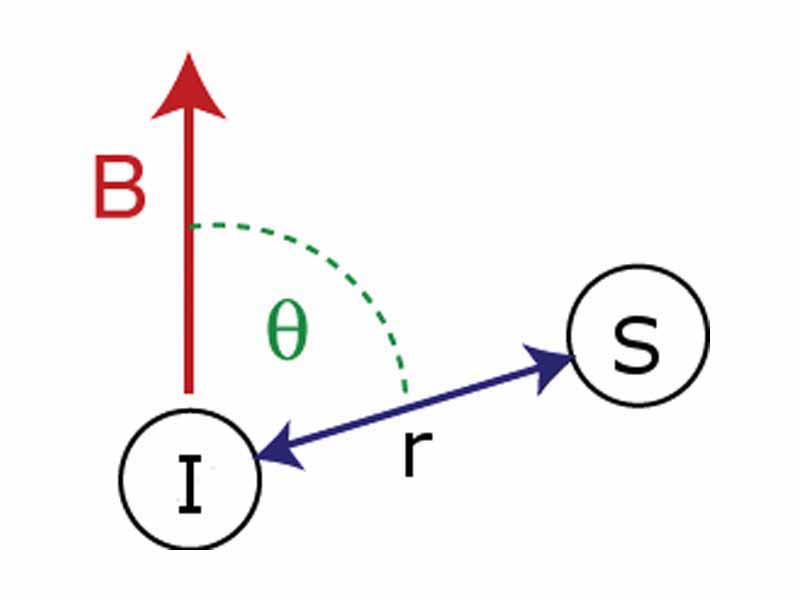 The dipolar coupling between two nuclei depends on the distance between them, and the angle of bond relative to the external magnetic field