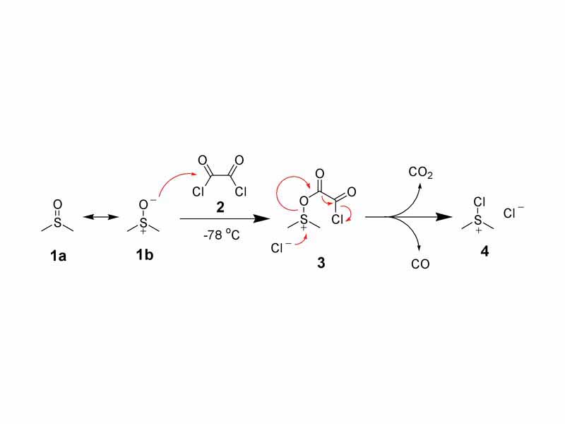 1st step in Swern oxidation - Reaction mechanism of dimethylchlorosulfonium chloride formation in the Swern reaction.