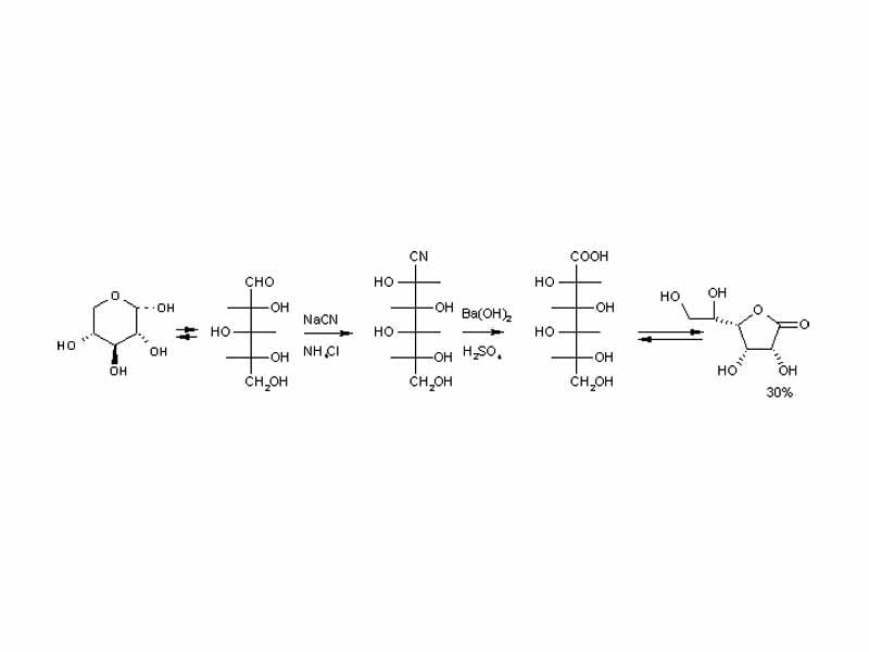 Cyanohydrin reaction example - chain extension of D-xylose in equilibrium with its hemiacetal with KCN to the cyclic ester