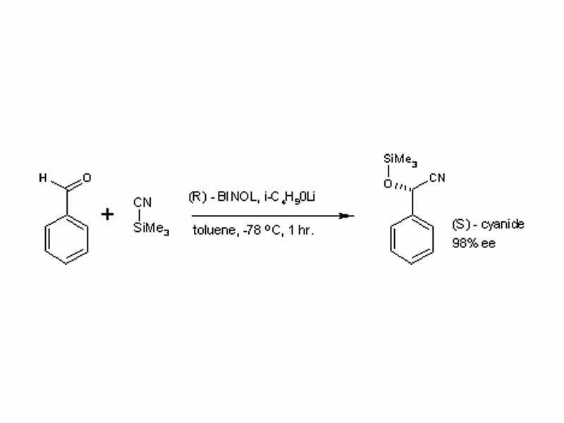 Cyanohydrin reaction example - Asymmetric reaction of benzaldehyde with (R)-Binol-lithium(i-propyloxy) gives (S)-cyanohydrin with 98% ee