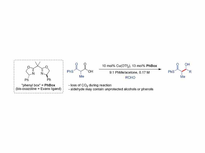 A recent, biomimetic approach to achieving stereocontrol in aldol addition by Shair uses beta-thioketoacids as the nucleophile.
