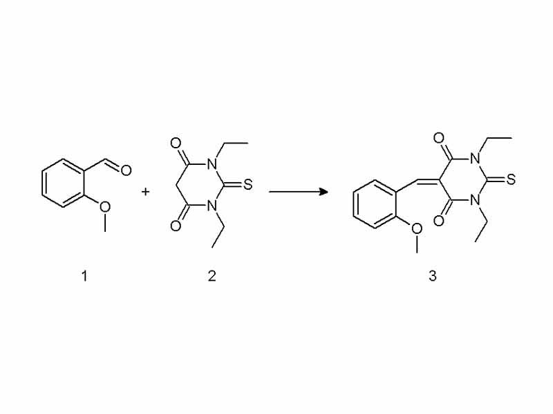 A Knoevenagel condensation is demonstrated in the reaction of 2-methoxybenzaldehyde 1 with the barbituric acid 2 in ethanol using piperidine as a base. The resulting enone 3 is a charge transfer complex molecule.