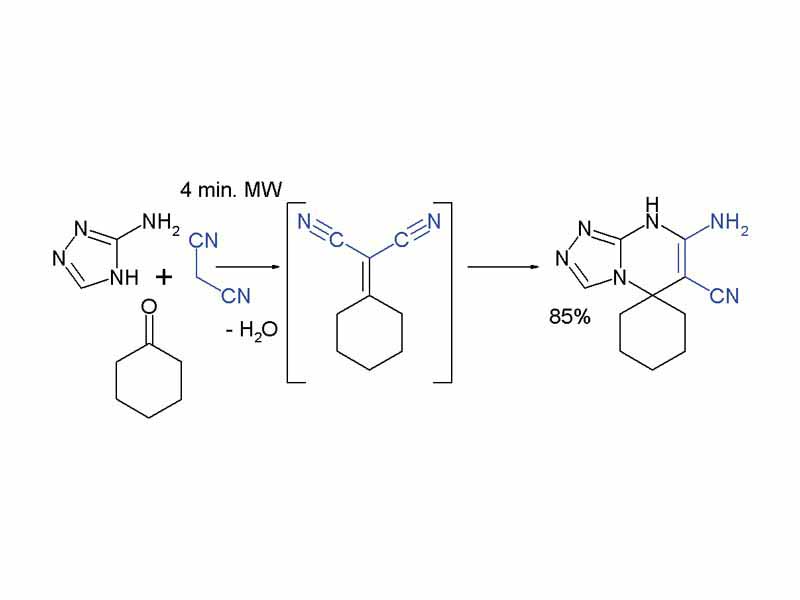 A multicomponent reaction featuring a Knoevenagel condensation is demonstrated in this MORE synthesis with cyclohexanone, malononitrile and 3-amino-1,2,4-triazole