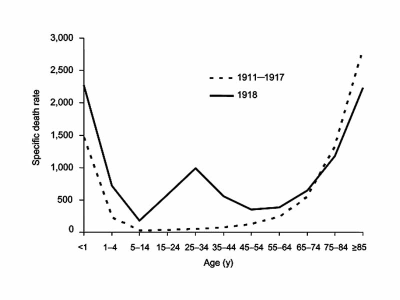 The difference between the influenza mortality age-distributions of the 1918 epidemic and normal epidemics. Deaths per 100,000 persons in each age group, United States, for the interpandemic years 1911–1917 (dashed line) and the pandemic year 1918 (solid line).[13]