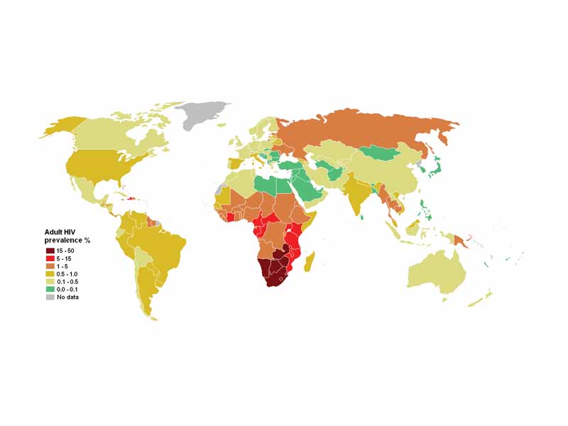 Prevalence of HIV among adults per country at the end of 2005