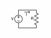 A voltage source, V, drives an electr...